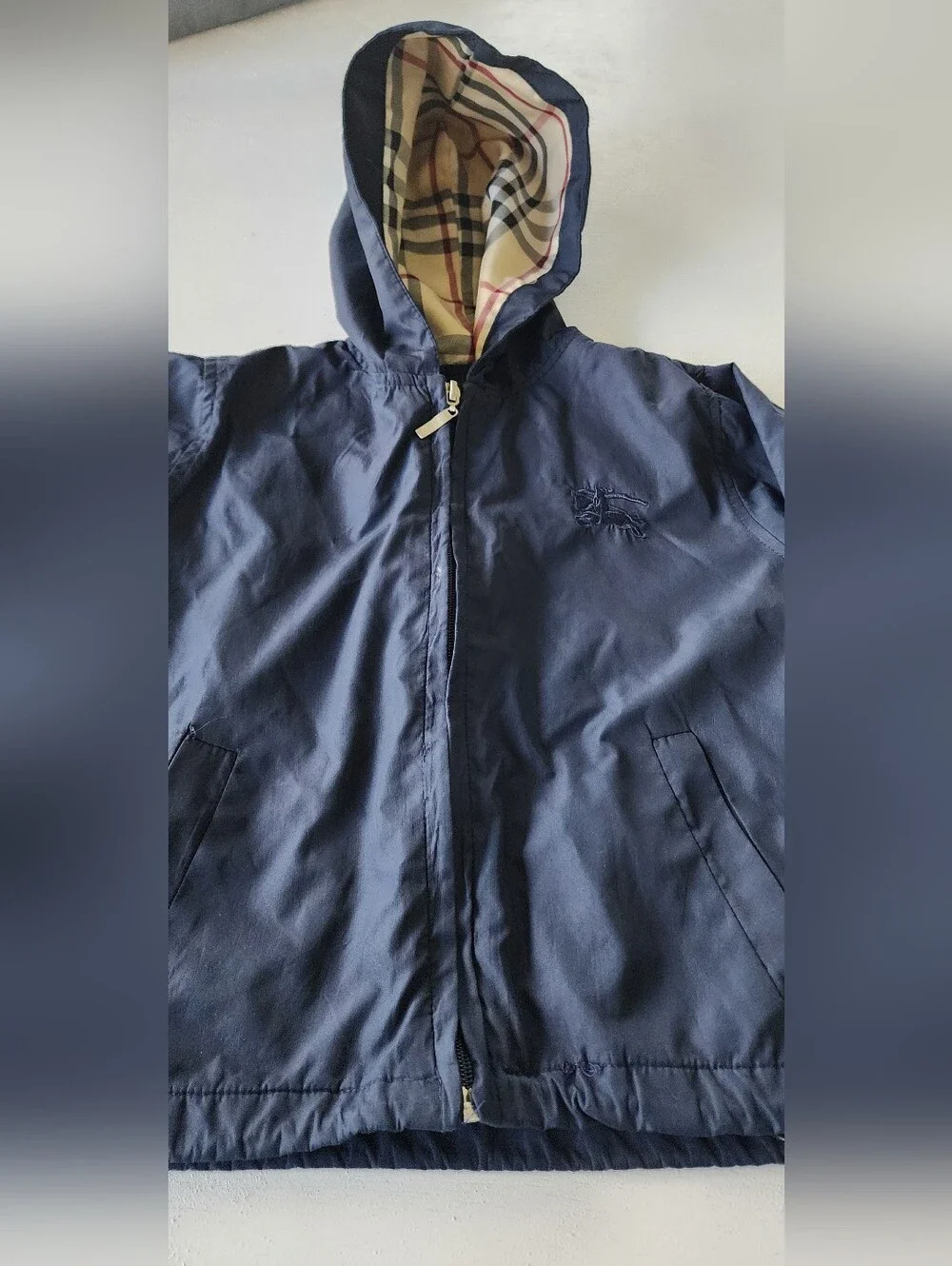 Navy Hooded Raincoat with Beige Check Hood Lining